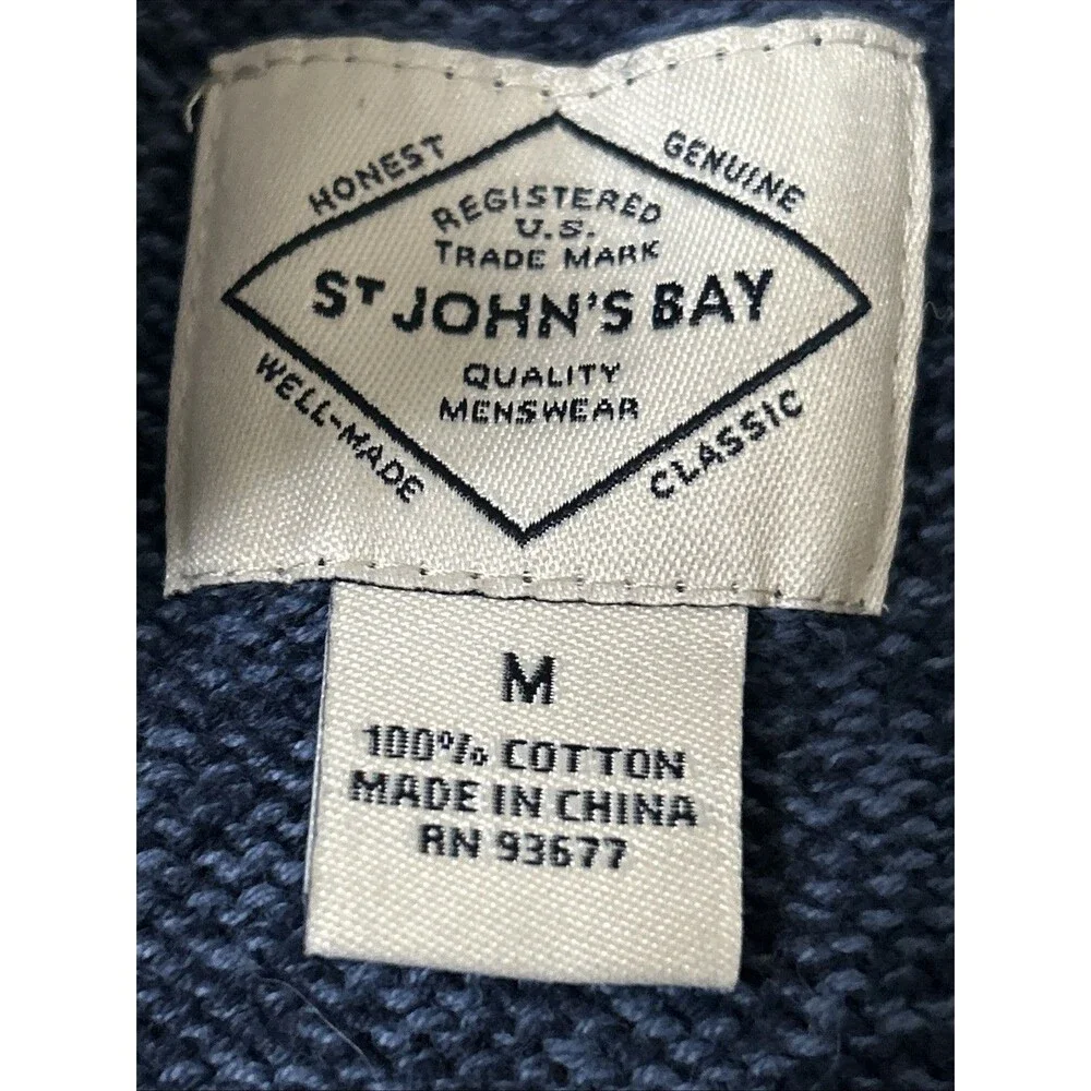 St Johns Bay Mens Blue Quarter Zip Fleece Long Sleeve Sweater 100% Cotton Size M